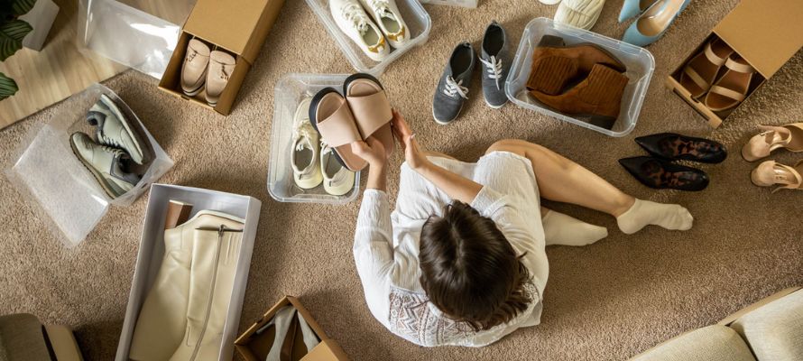 Vrouw ordent schoenen in dozen op tapijt